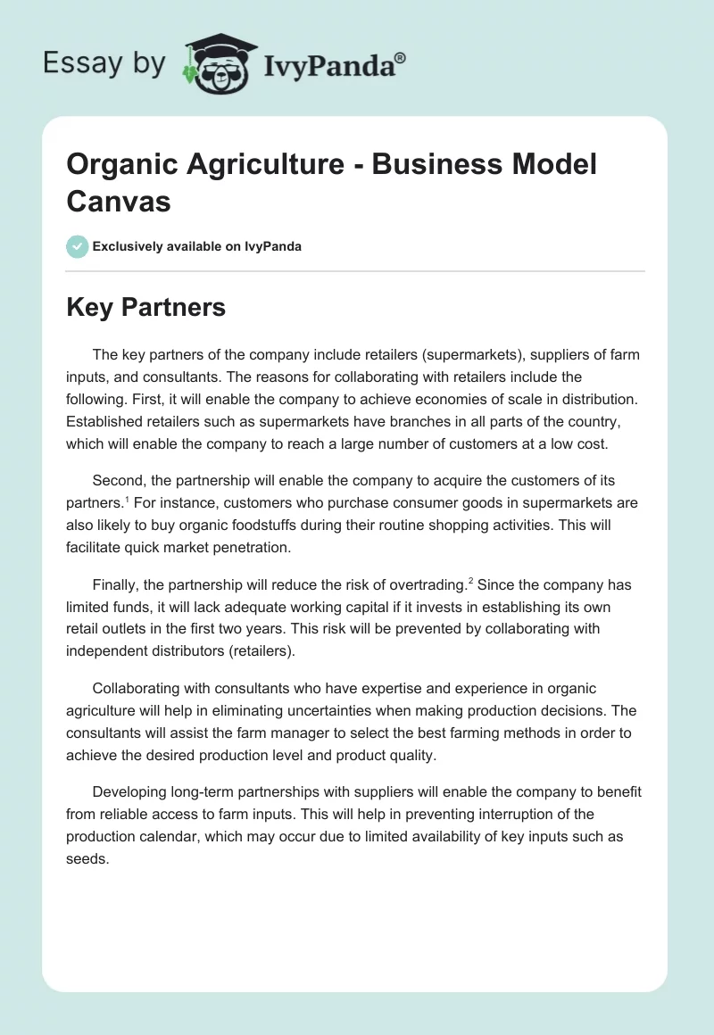 Organic Agriculture - Business Model Canvas. Page 1