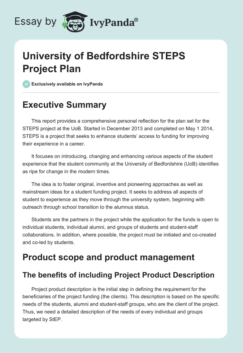 University of Bedfordshire STEPS Project Plan. Page 1