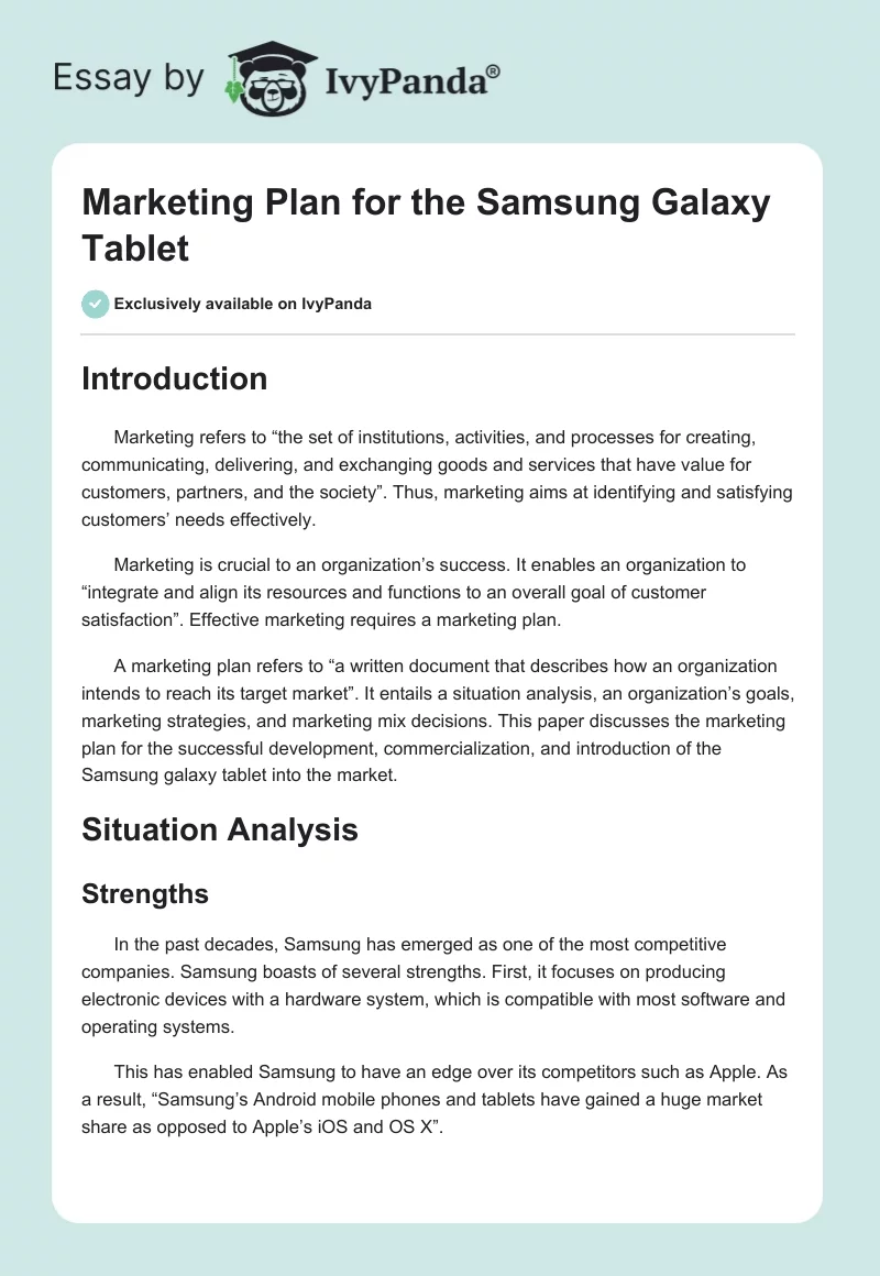 Marketing Plan for the Samsung Galaxy Tablet. Page 1