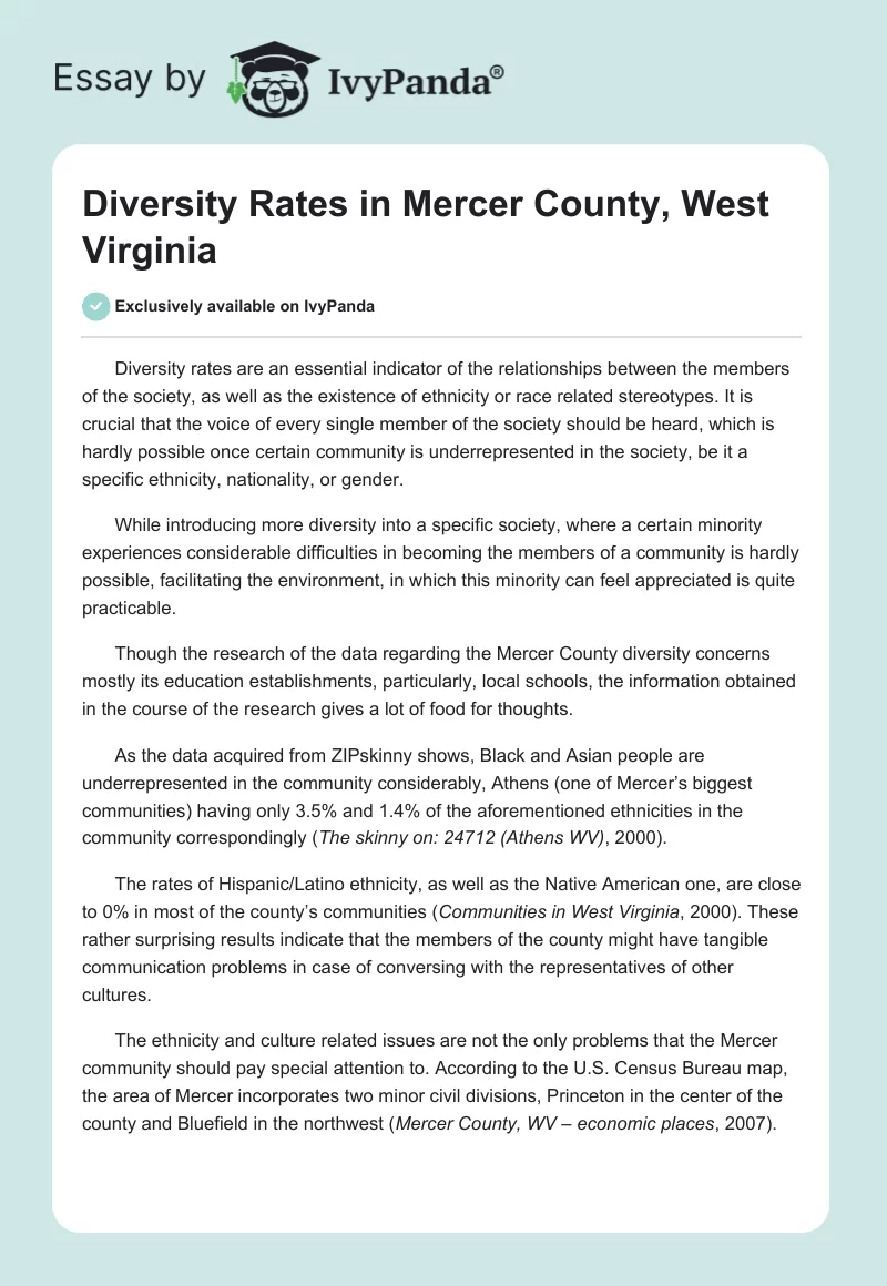 Diversity Rates in Mercer County, West Virginia. Page 1