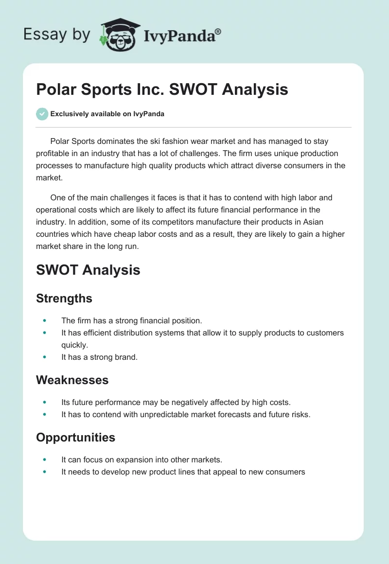 Polar Sports Inc. SWOT Analysis. Page 1