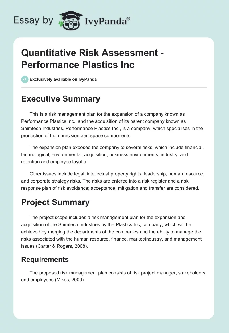 Quantitative Risk Assessment - Performance Plastics Inc. Page 1