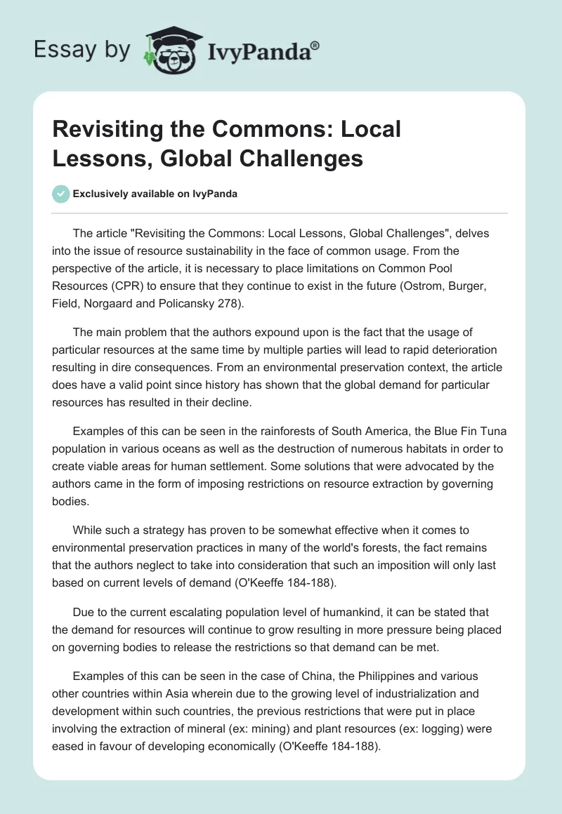 "Revisiting the Commons: Local Lessons, Global Challenges". Page 1