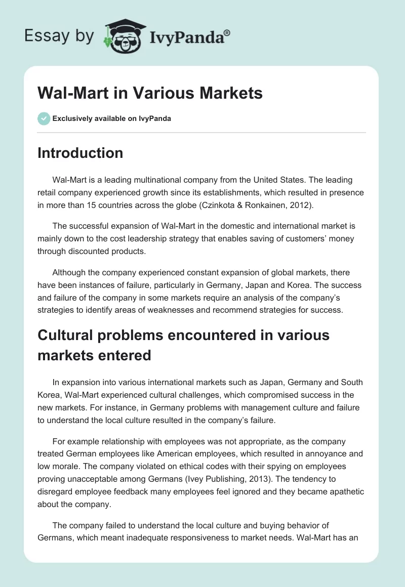 Wal-Mart in Various Markets. Page 1