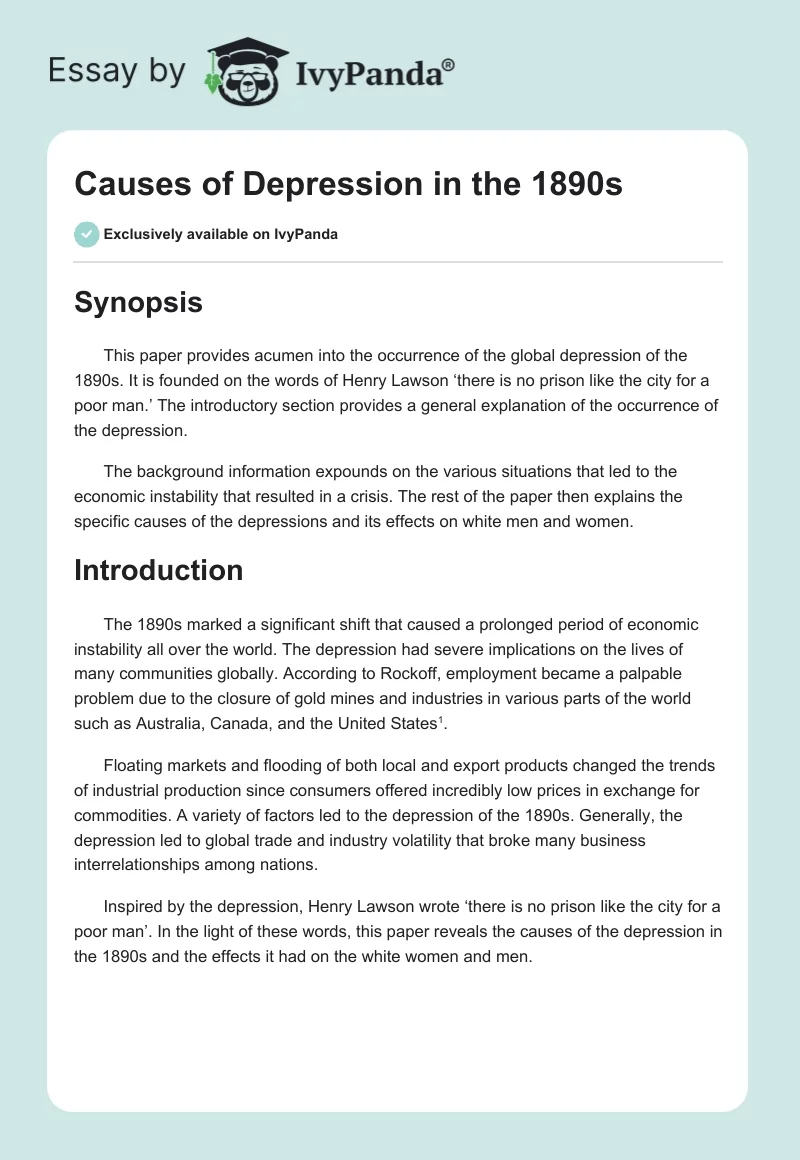 Causes of Depression in the 1890s. Page 1