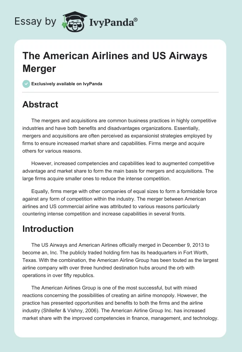 The American Airlines and US Airways Merger. Page 1