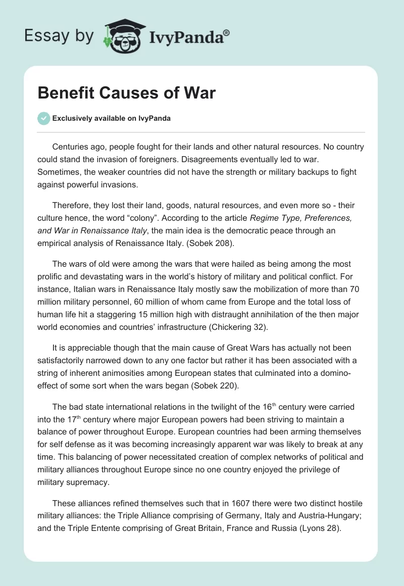 Benefit Causes of War. Page 1
