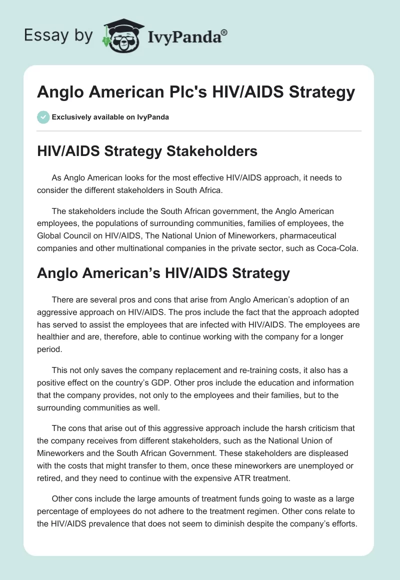 Anglo American Plc's HIV/AIDS Strategy. Page 1