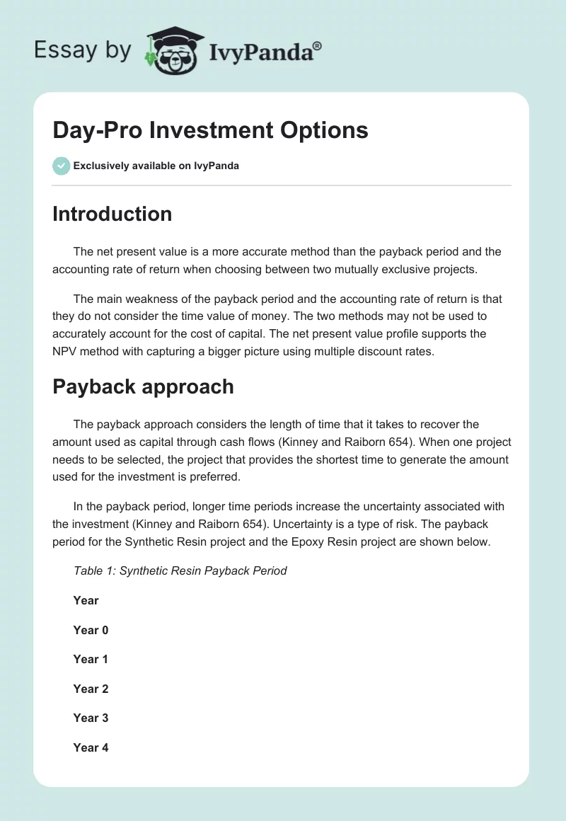 Day-Pro Investment Options. Page 1