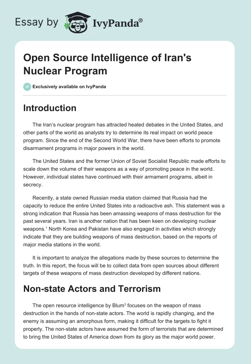 Open Source Intelligence of Iran's Nuclear Program. Page 1