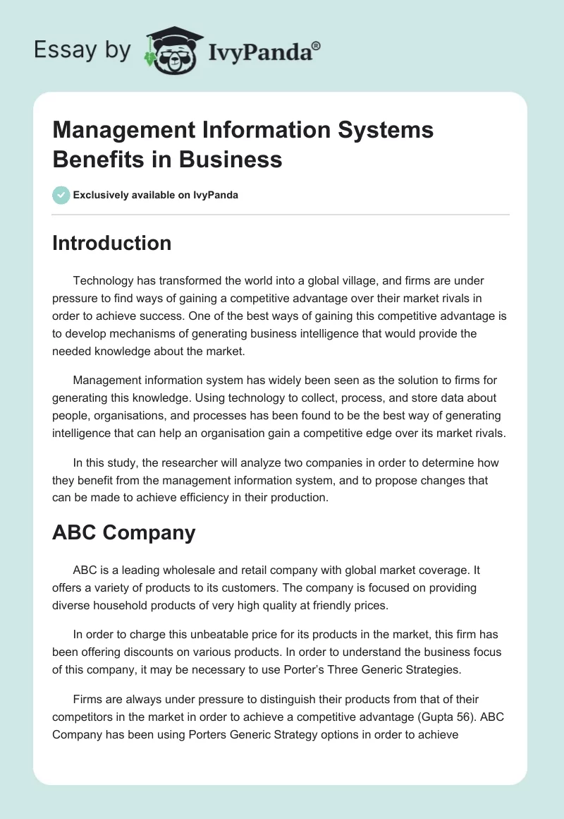 Management Information Systems Benefits in Business. Page 1