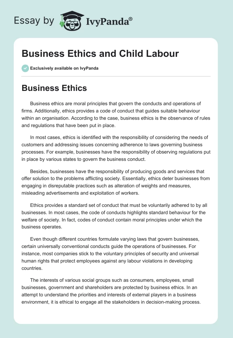 Business Ethics and Child Labour. Page 1