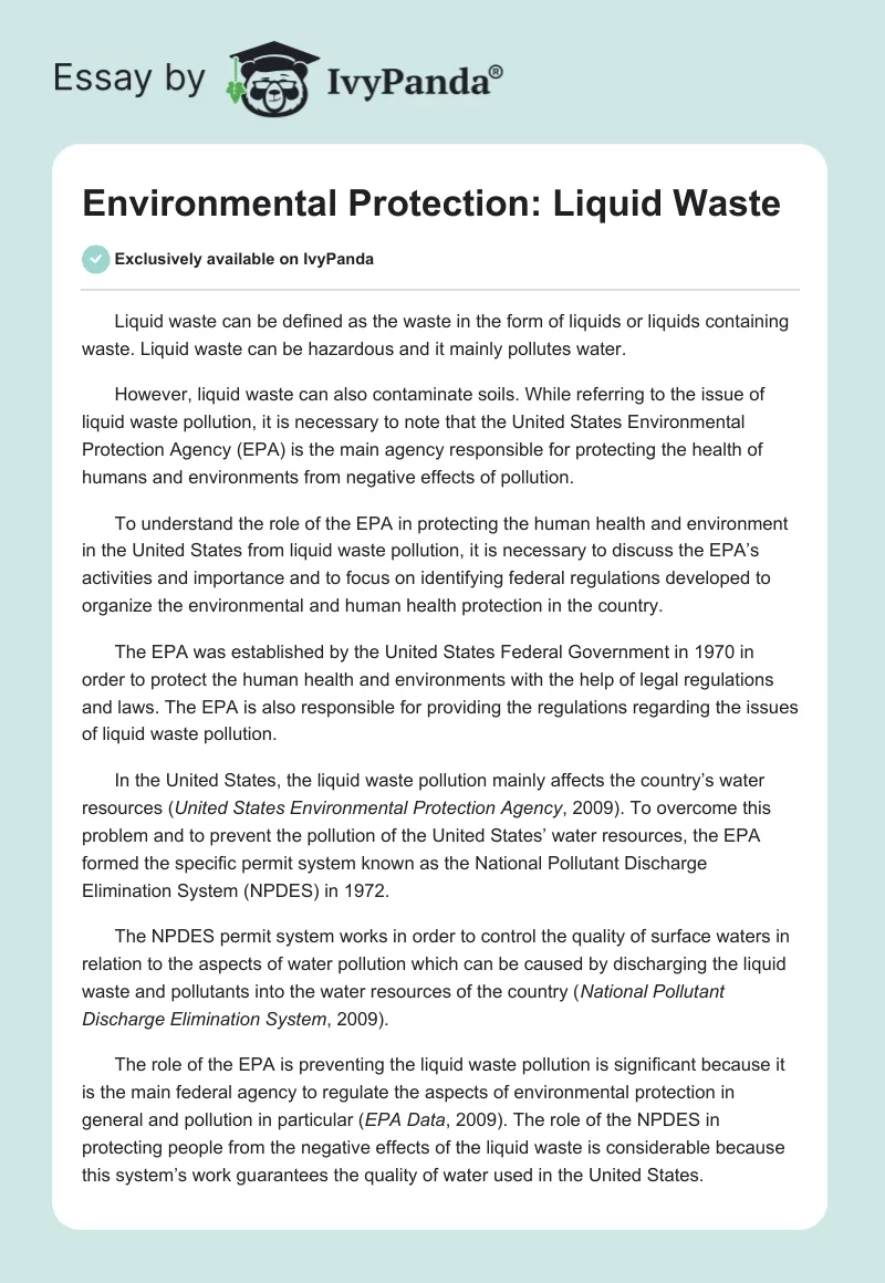 Environmental Protection: Liquid Waste. Page 1