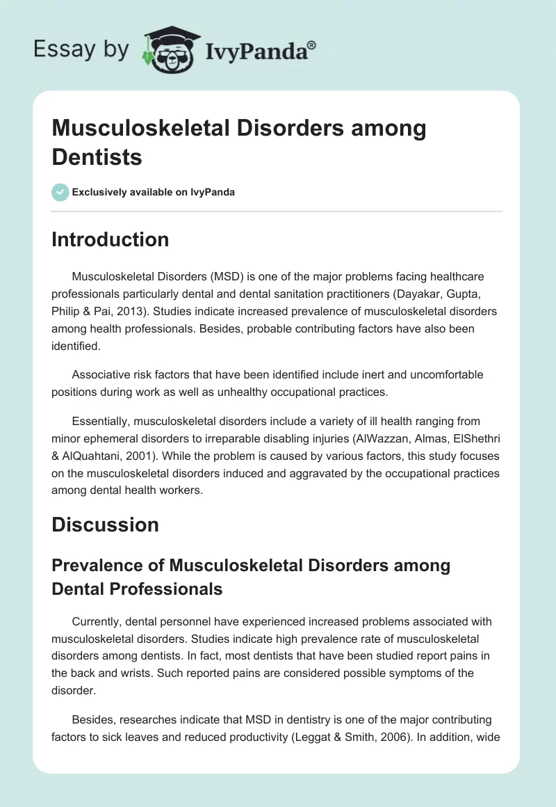 Musculoskeletal Disorders among Dentists. Page 1