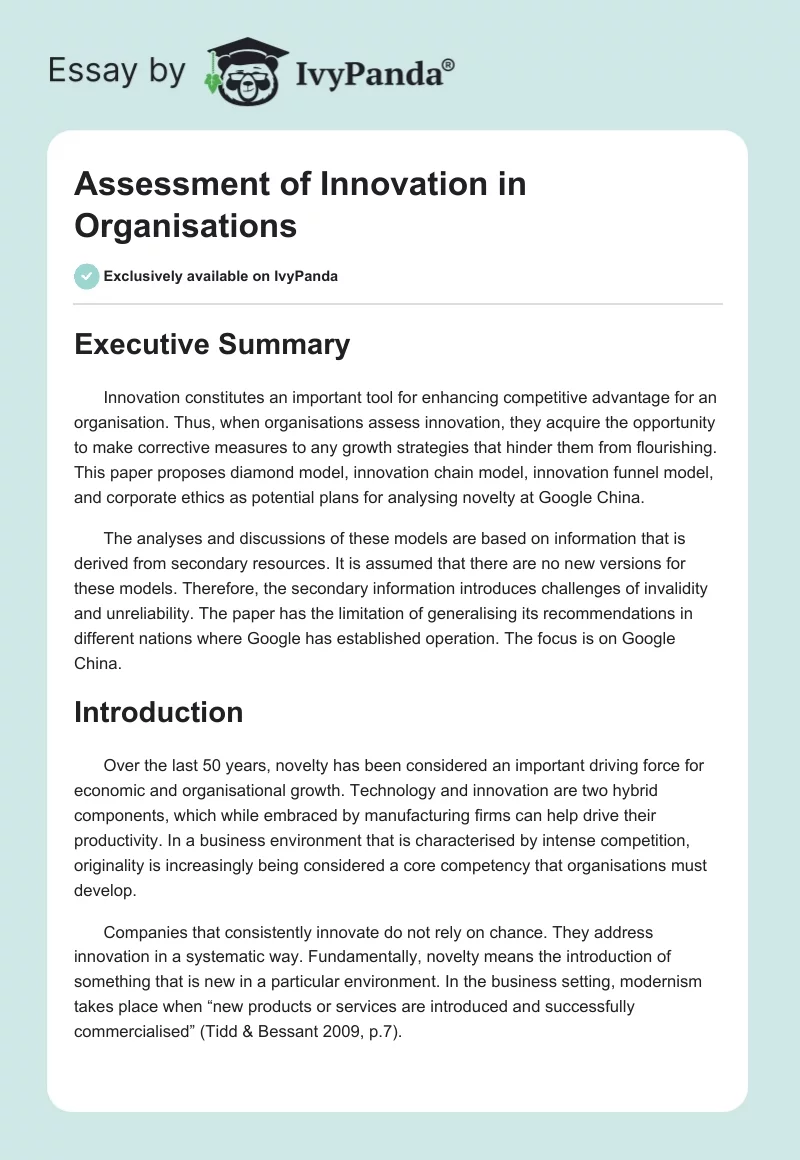 Assessment of Innovation in Organisations. Page 1