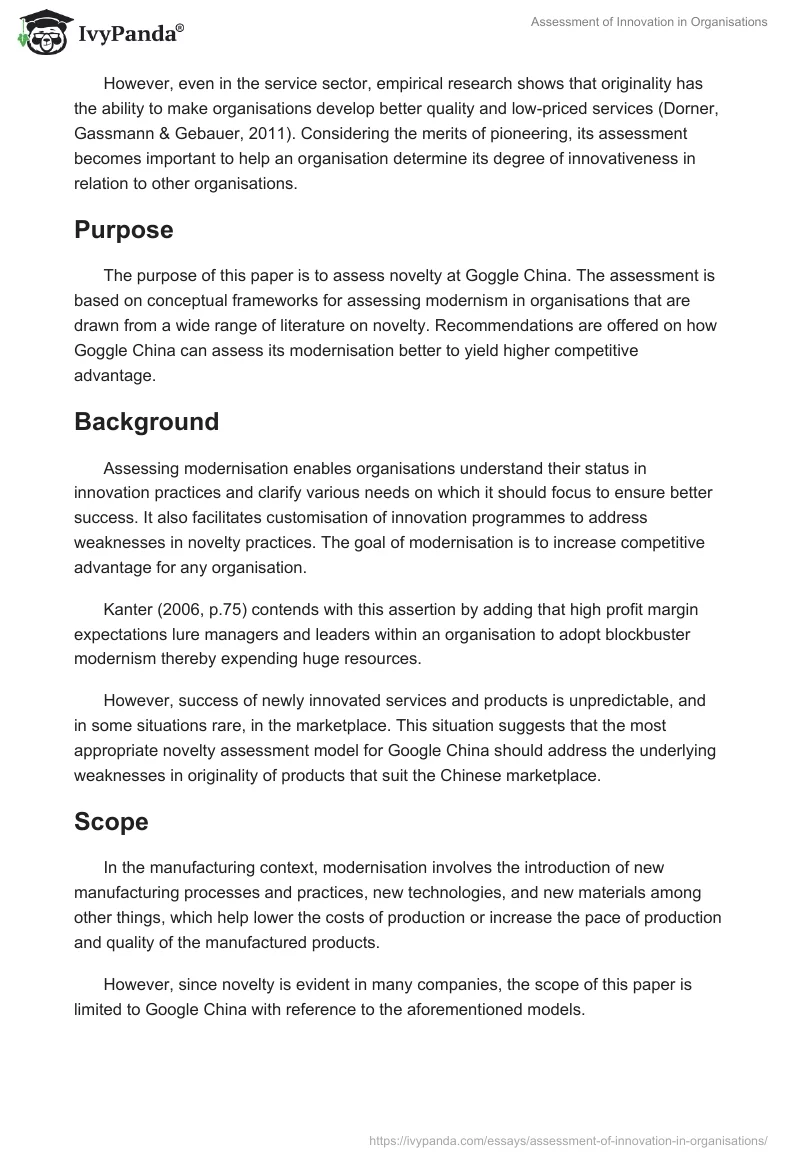 Assessment of Innovation in Organisations. Page 2