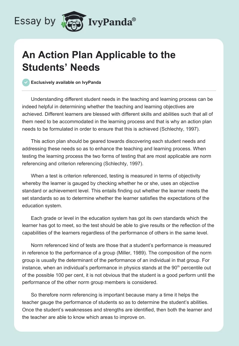 An Action Plan Applicable to the Students’ Needs. Page 1