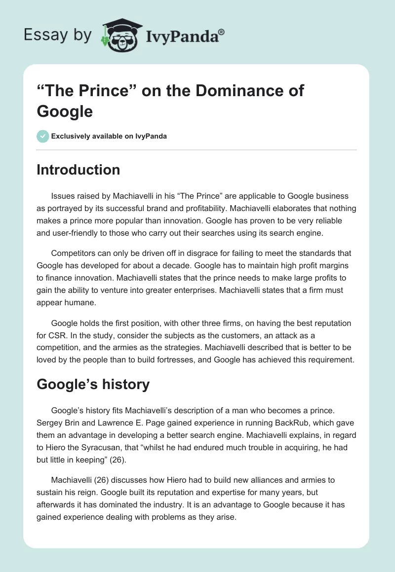 “The Prince” on the Dominance of Google. Page 1