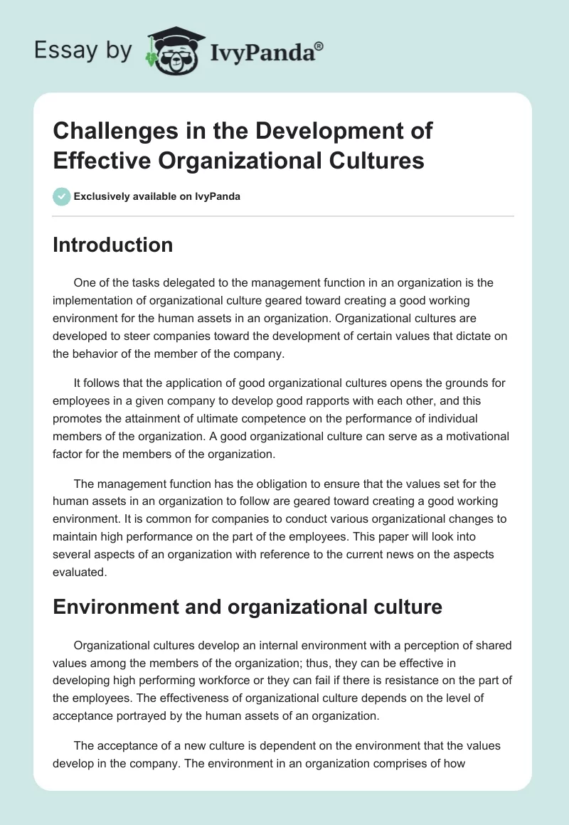 Challenges in the Development of Effective Organizational Cultures. Page 1