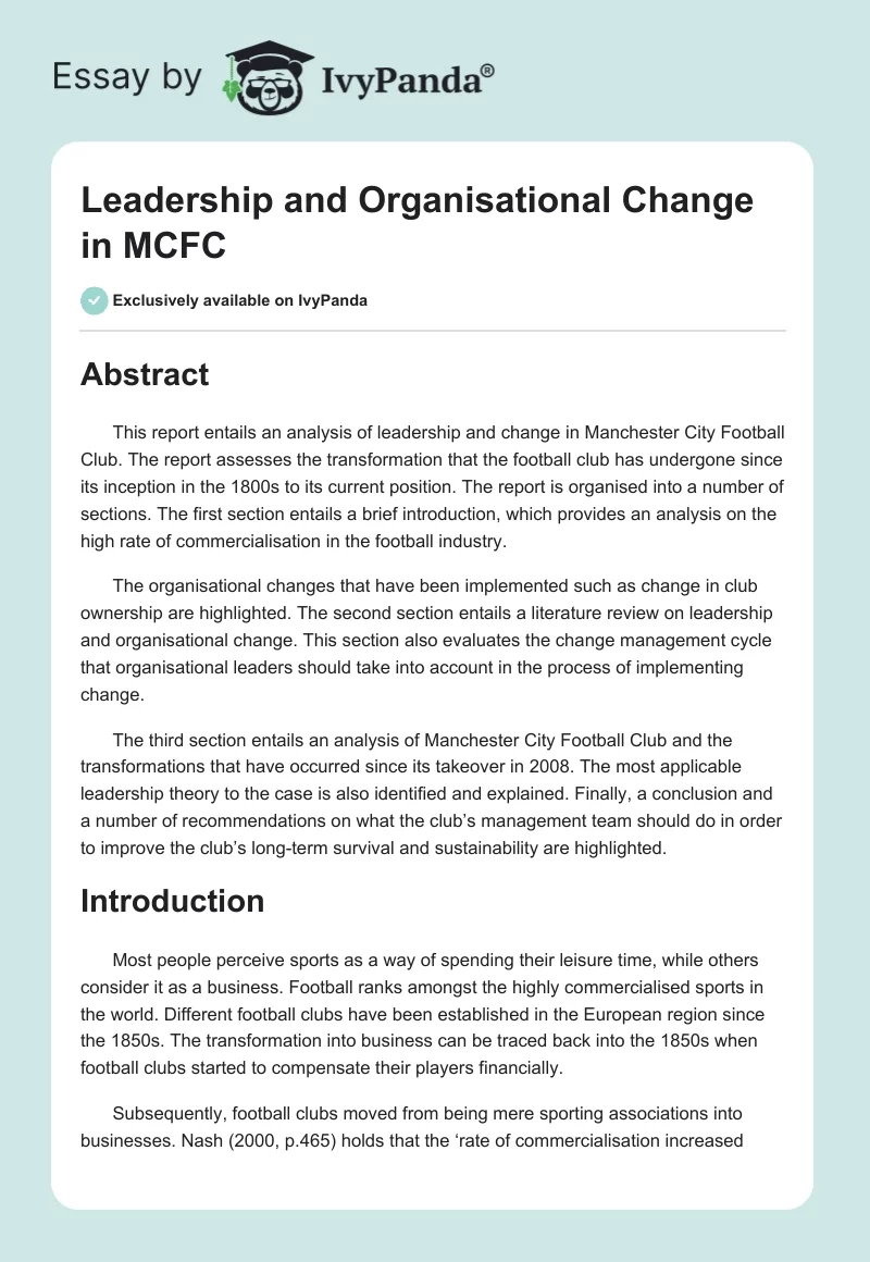 Leadership and Organisational Change in MCFC. Page 1