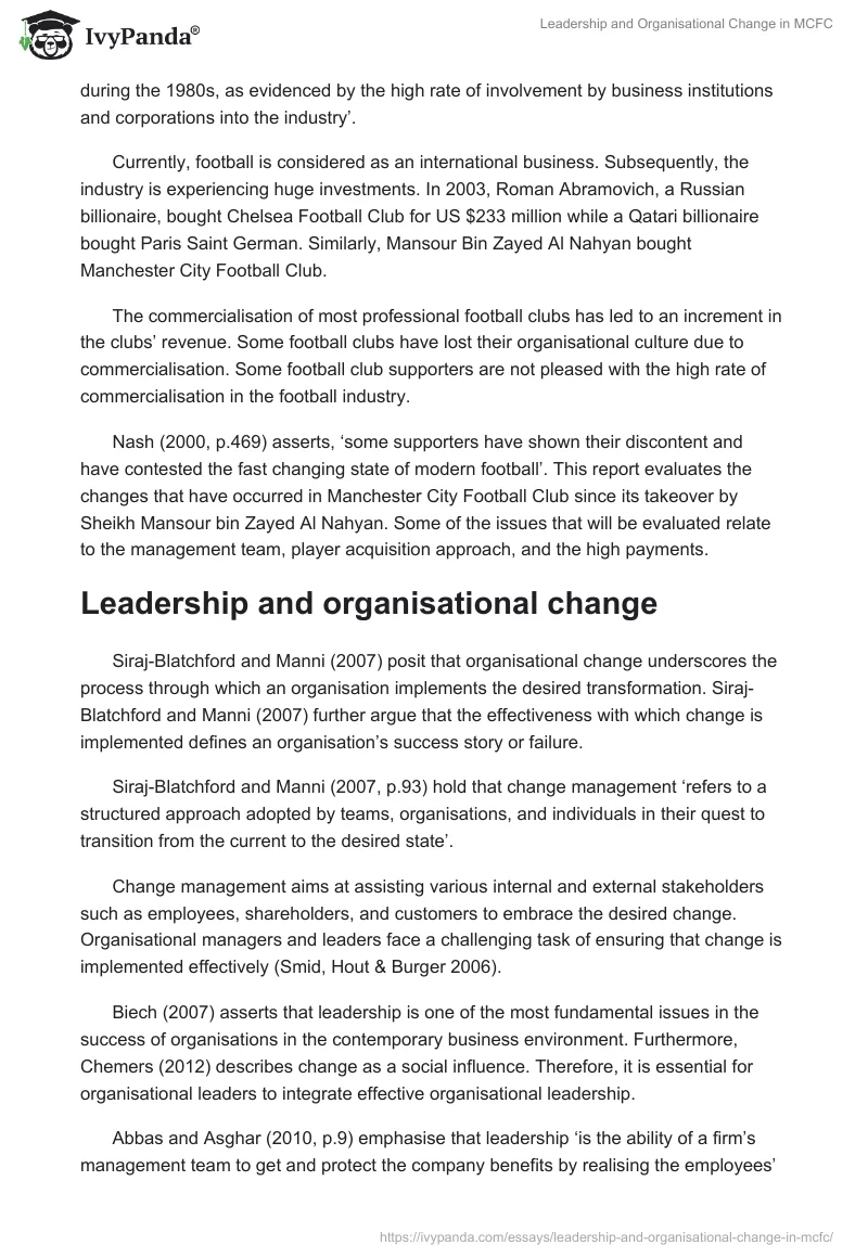 Leadership and Organisational Change in MCFC. Page 2