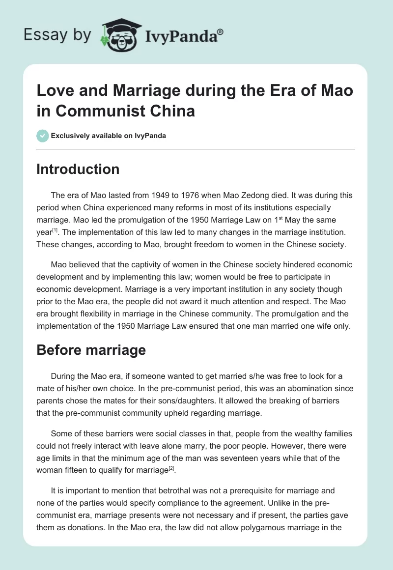 Love and Marriage during the Era of Mao in Communist China. Page 1