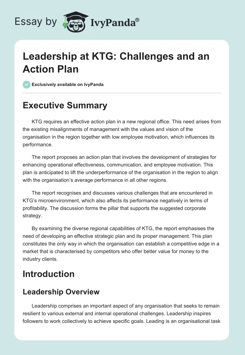 Leadership at KTG: Challenges and an Action Plan. Page 1