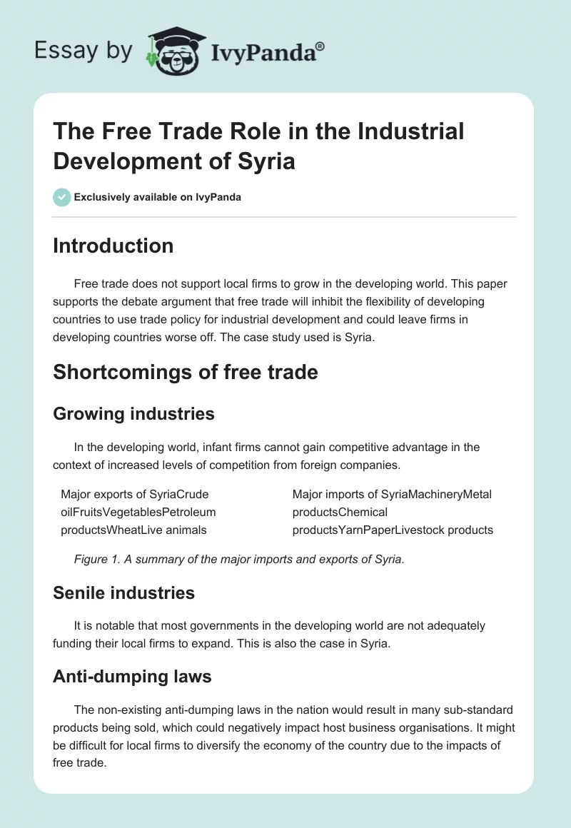 The Free Trade Role in the Industrial Development of Syria. Page 1
