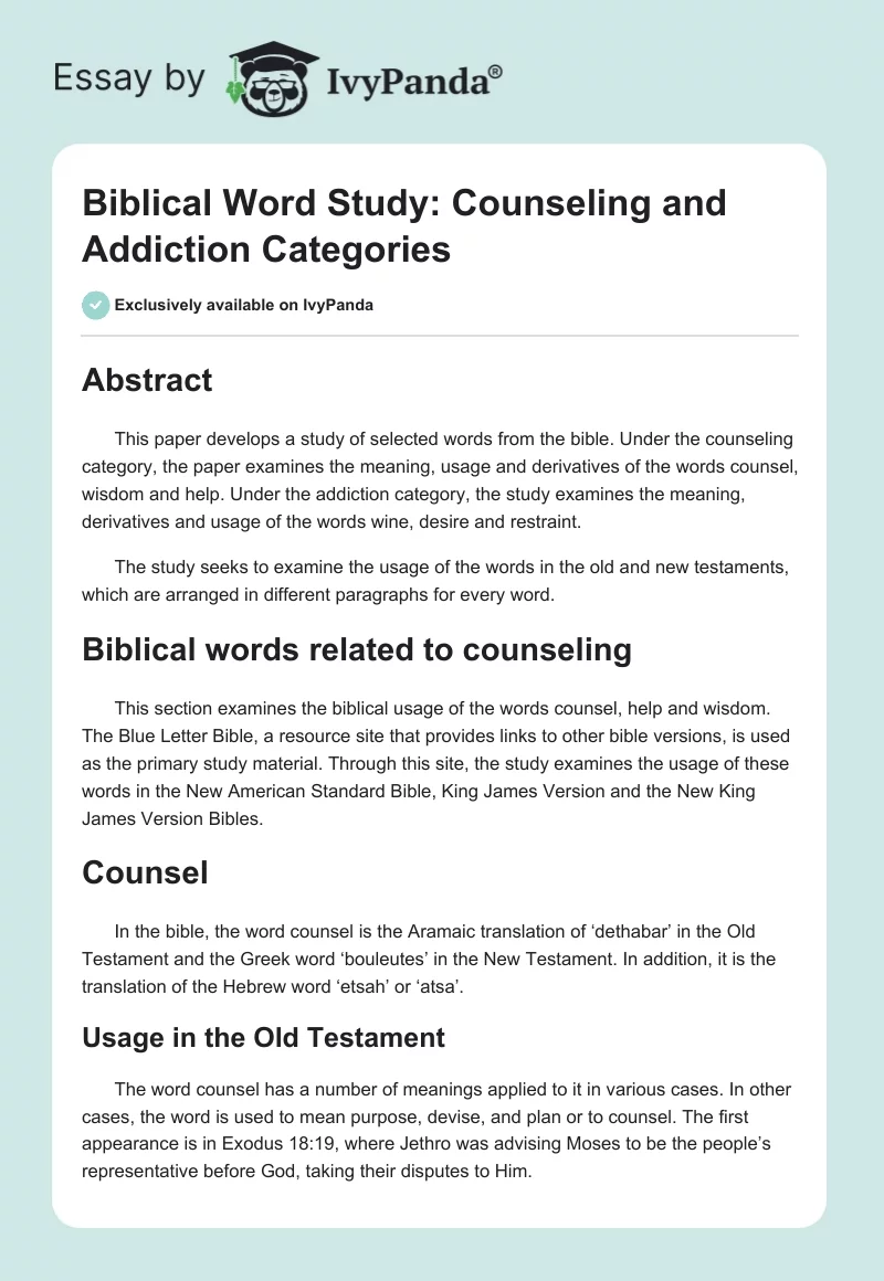 Biblical Word Study: Counseling and Addiction Categories. Page 1