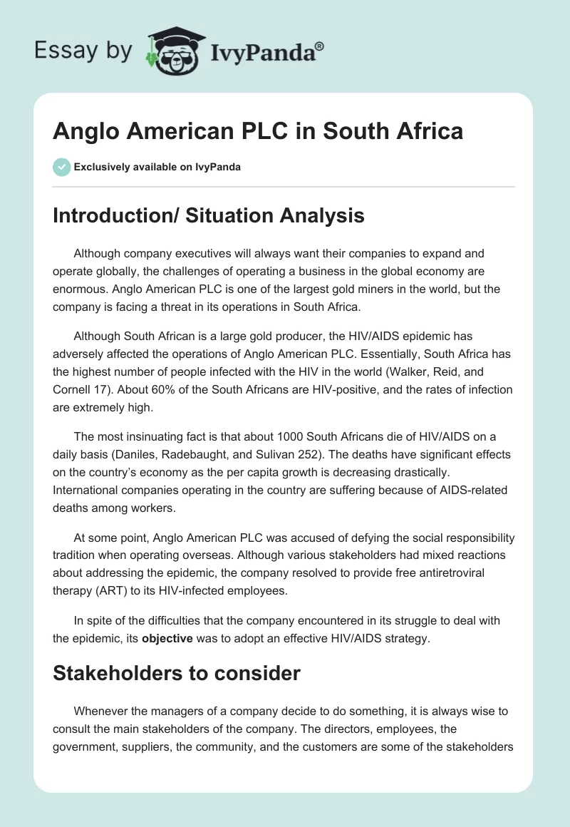 Anglo American PLC in South Africa. Page 1