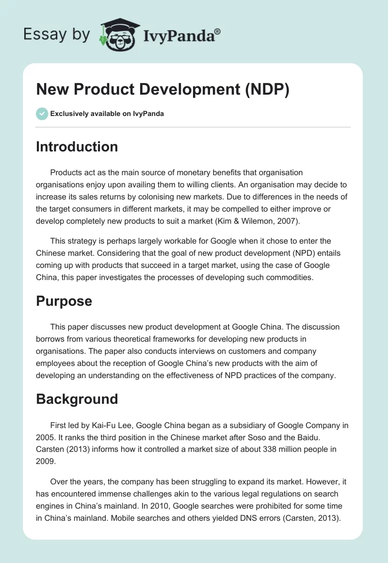 New Product Development (NDP). Page 1