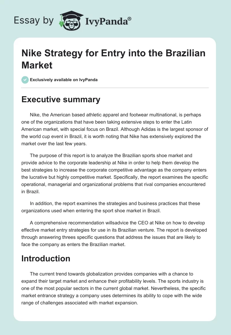Nike Strategy for Entry into the Brazilian Market. Page 1