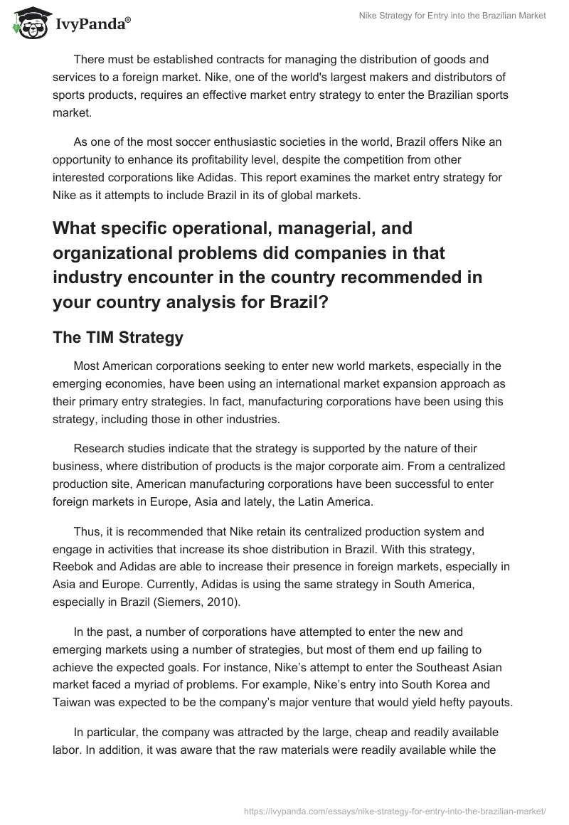 Nike Strategy for Entry into the Brazilian Market. Page 2