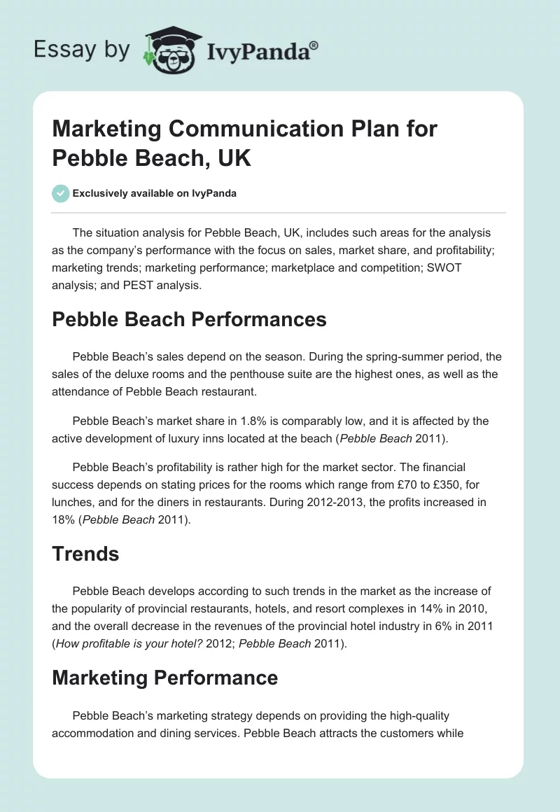 Marketing Communication Plan for Pebble Beach, UK. Page 1