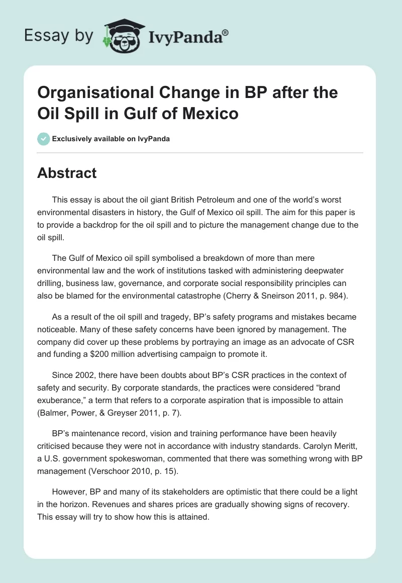 Organisational Change in BP After the Oil Spill in Gulf of Mexico. Page 1
