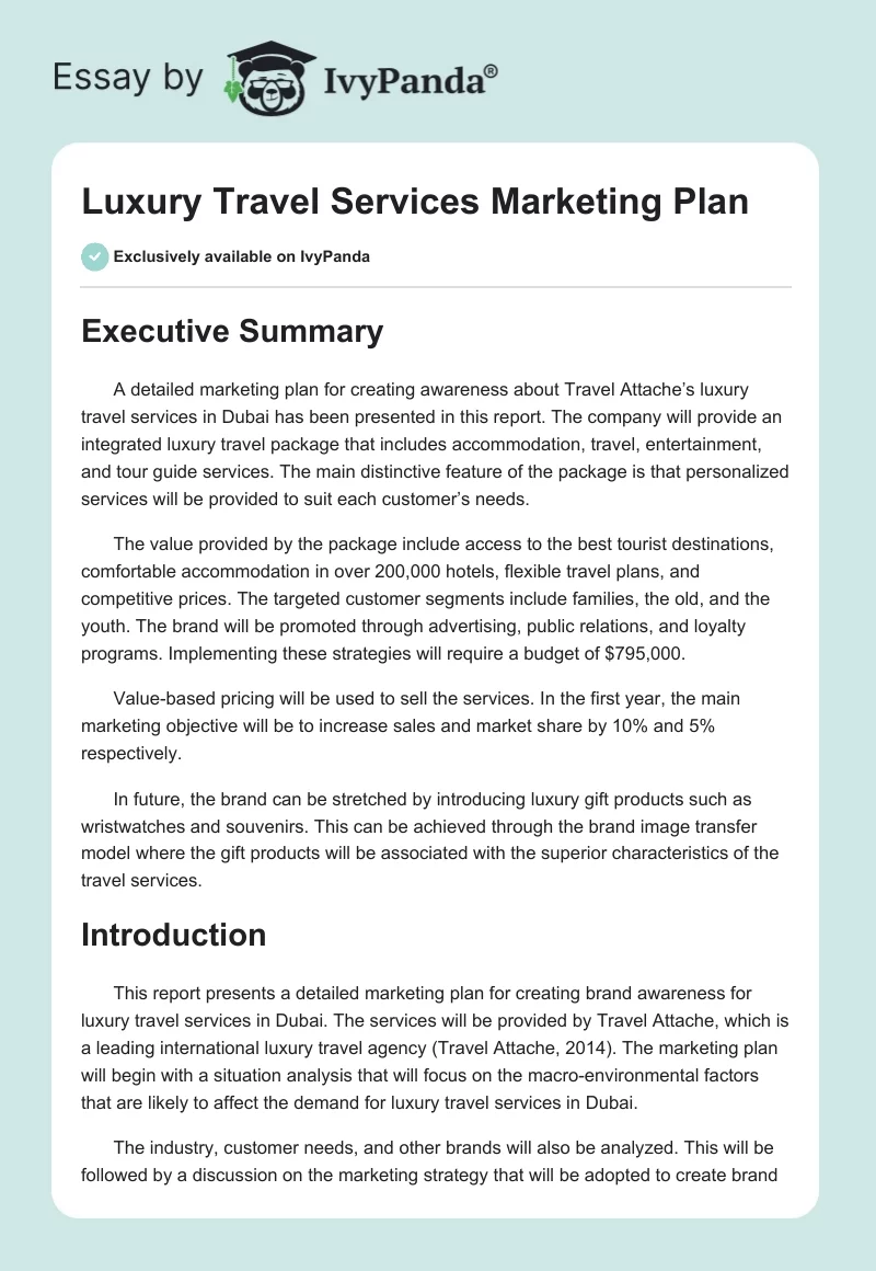 Luxury Travel Services Marketing Plan. Page 1