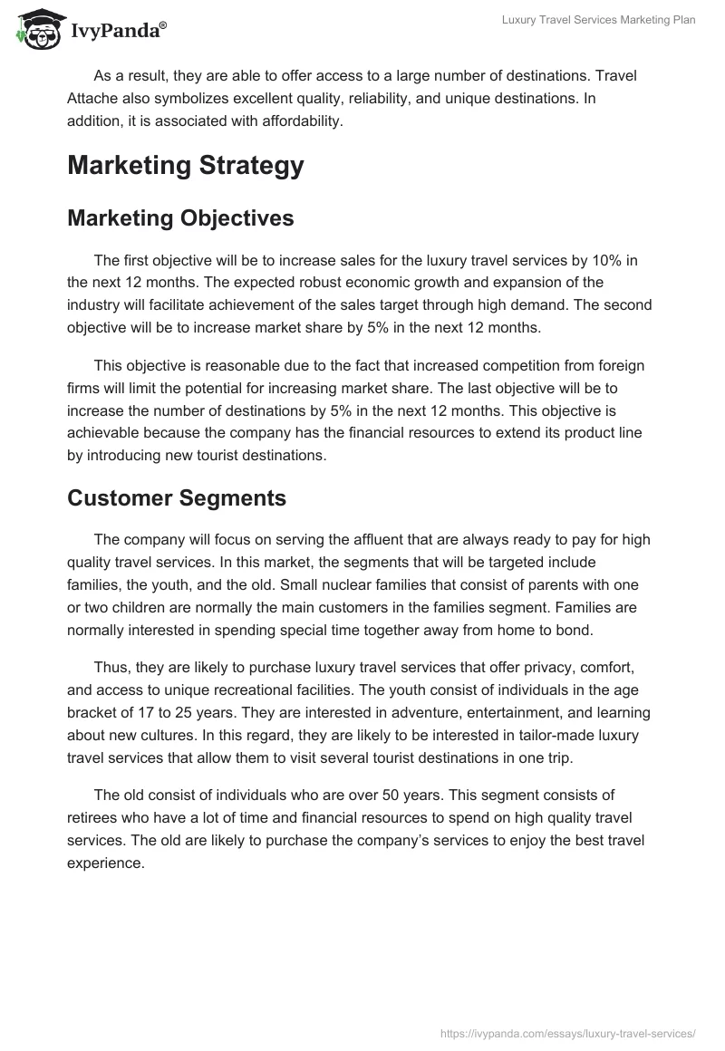 Luxury Travel Services Marketing Plan. Page 4