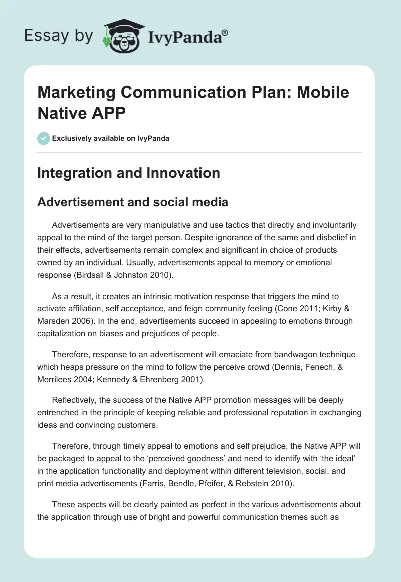 Marketing Communication Plan: Mobile Native APP. Page 1