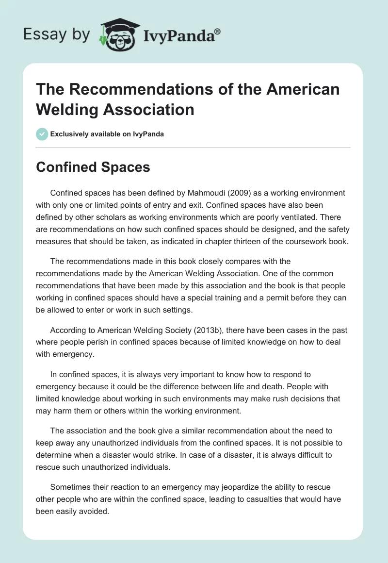 The Recommendations of the American Welding Association. Page 1