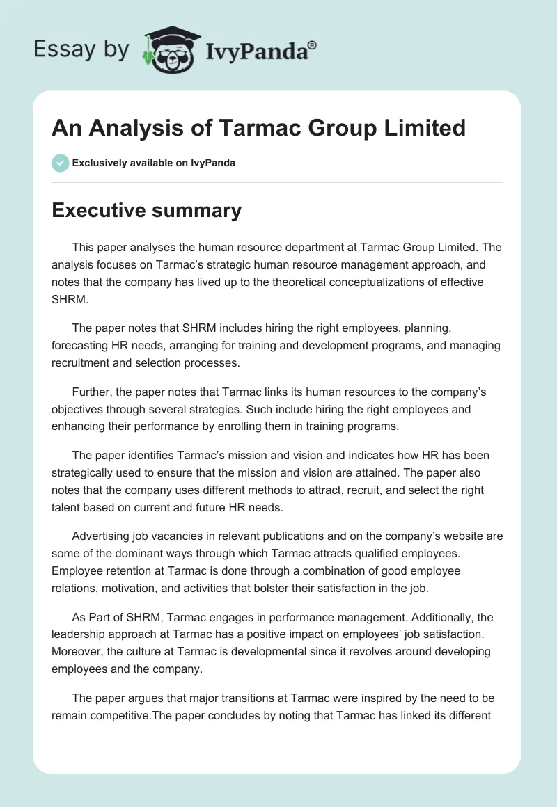 An Analysis of Tarmac Group Limited. Page 1