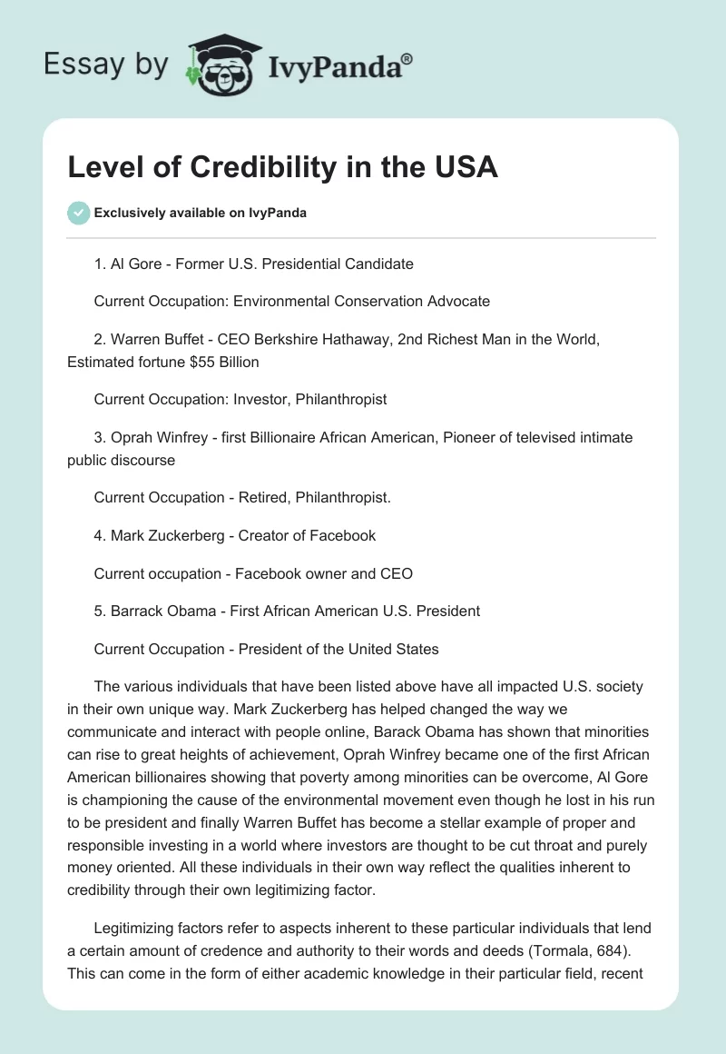 Level of Credibility in the USA. Page 1