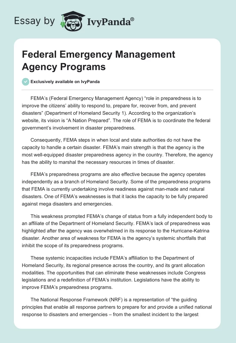 Federal Emergency Management Agency Programs. Page 1