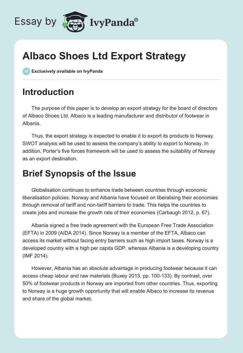 Albaco Shoes Ltd Export Strategy. Page 1