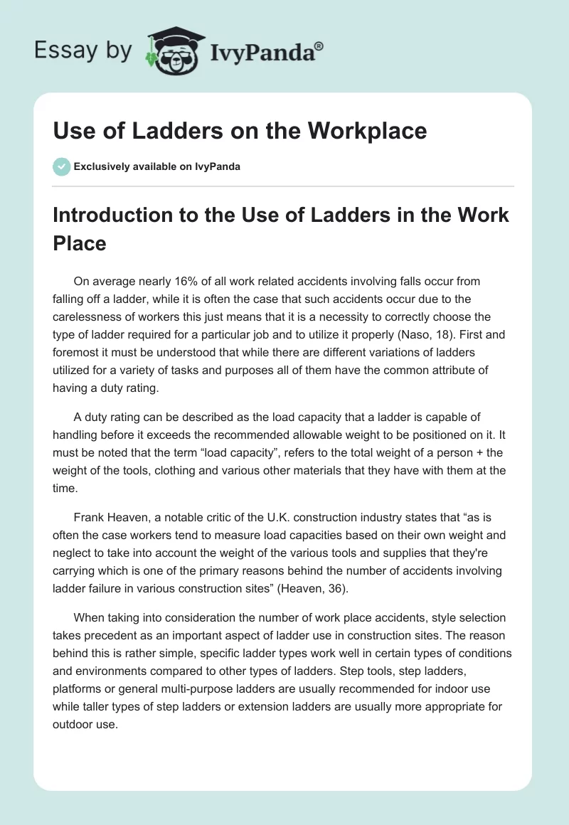 Use of Ladders on the Workplace. Page 1