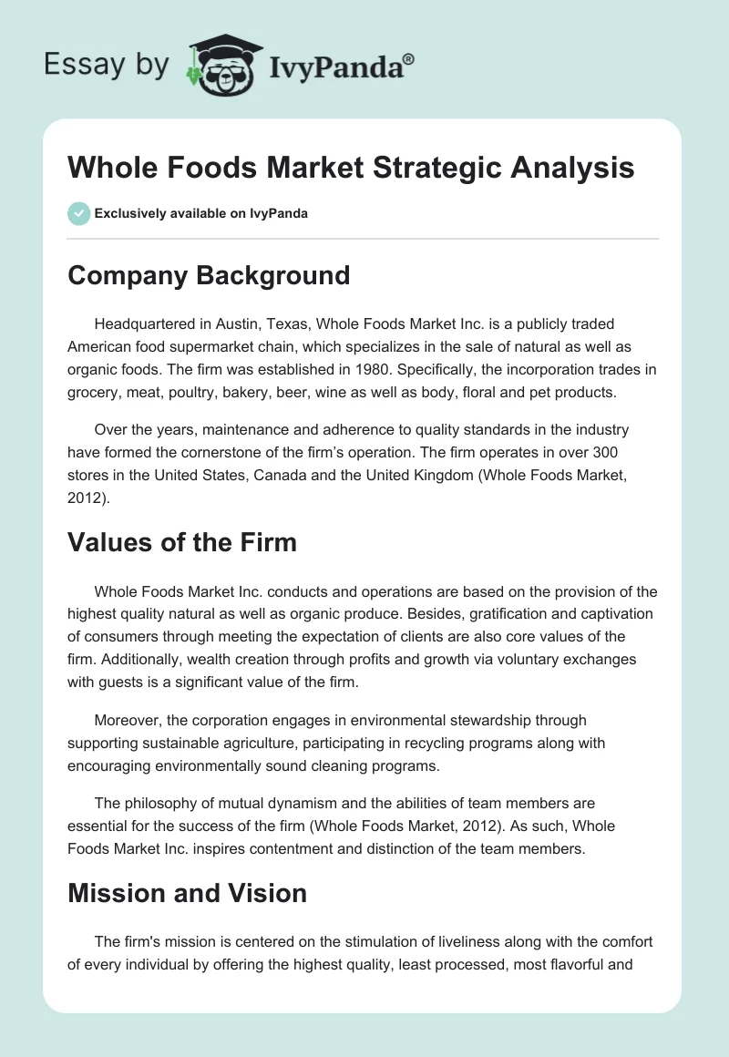Whole Foods Market Strategic Analysis. Page 1