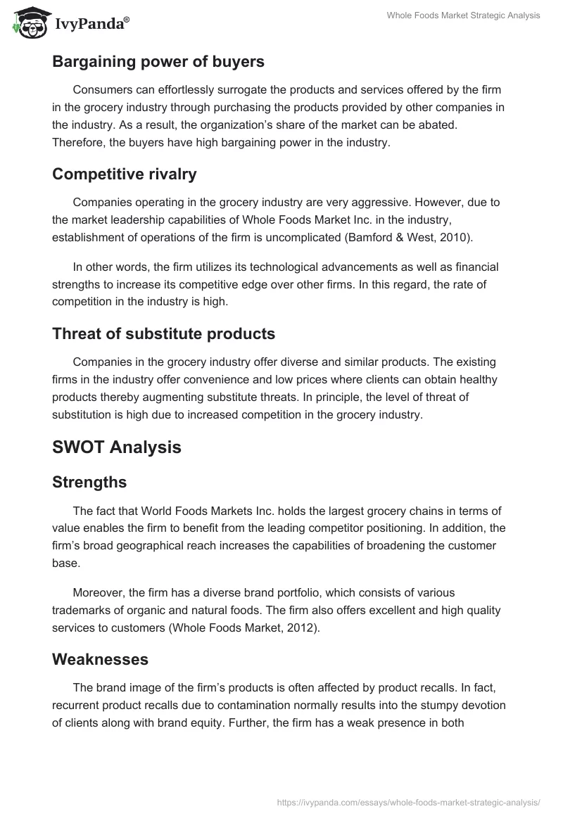Whole Foods Market Strategic Analysis. Page 5