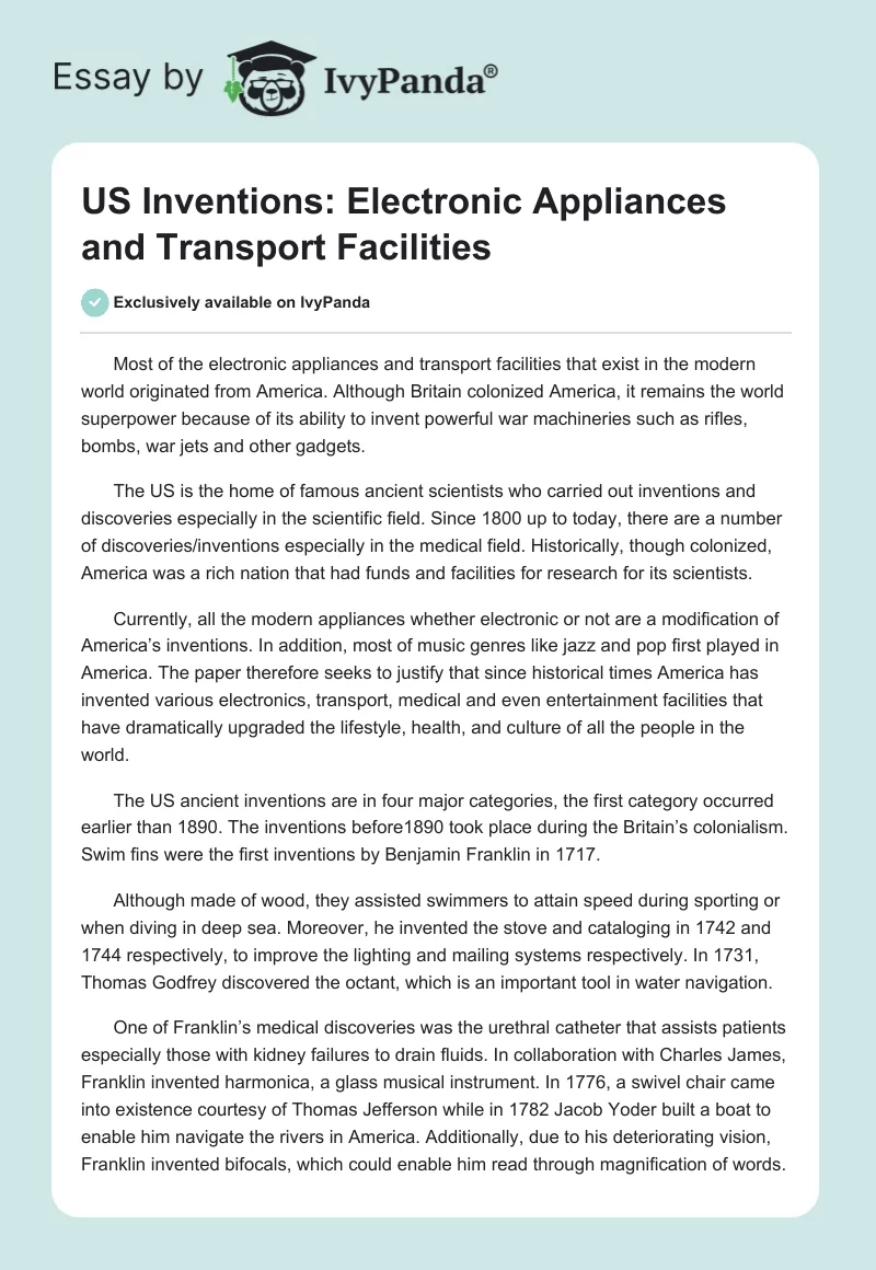 US Inventions: Electronic Appliances and Transport Facilities. Page 1