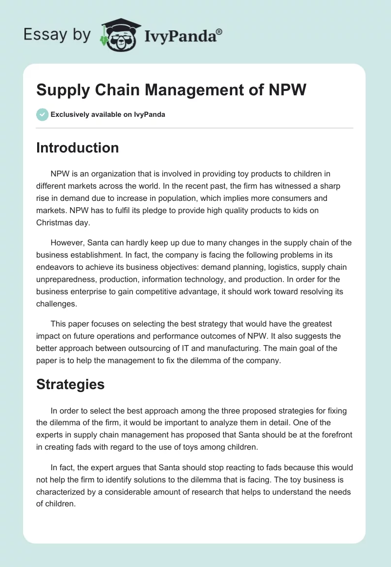 Supply Chain Management of NPW. Page 1