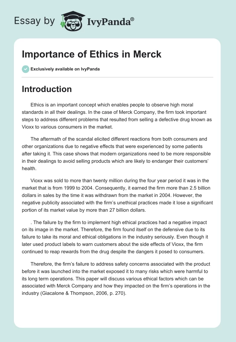 Importance of Ethics in Merck. Page 1