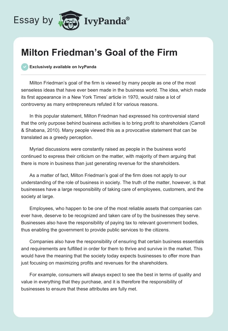 Milton Friedman’s Goal of the Firm. Page 1